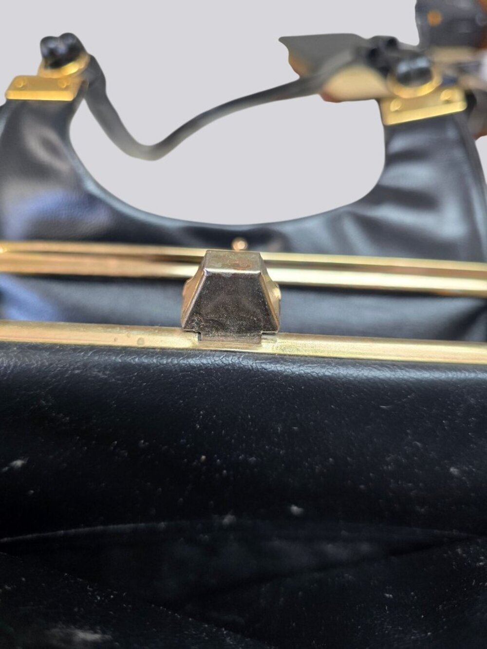 Vintage Black Leather Shoulder Bag Gold Accents & Dual Straps - Picture 9 of 15